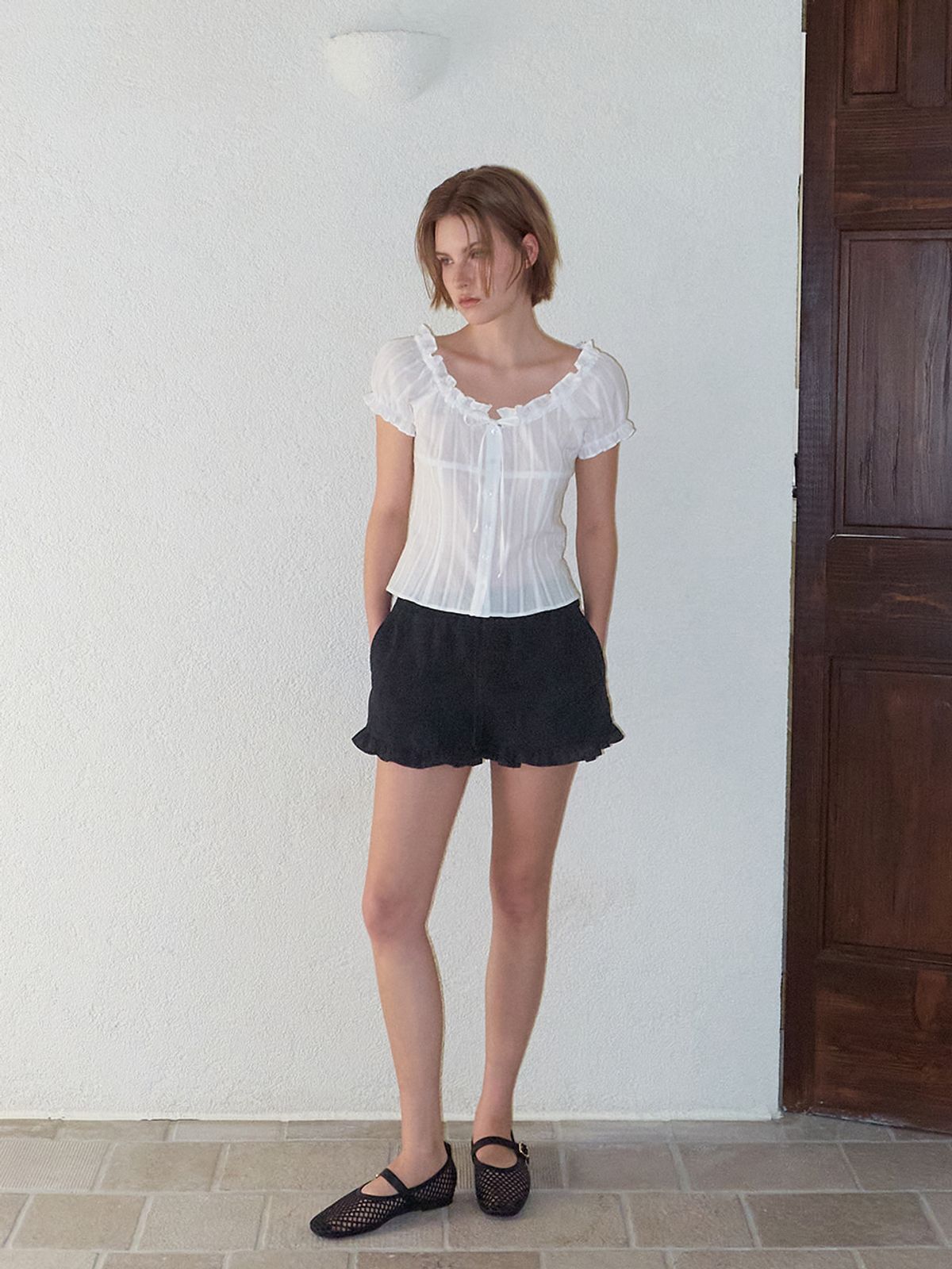 에트몽(ETMON) Frill Cotton Short Pants, Black