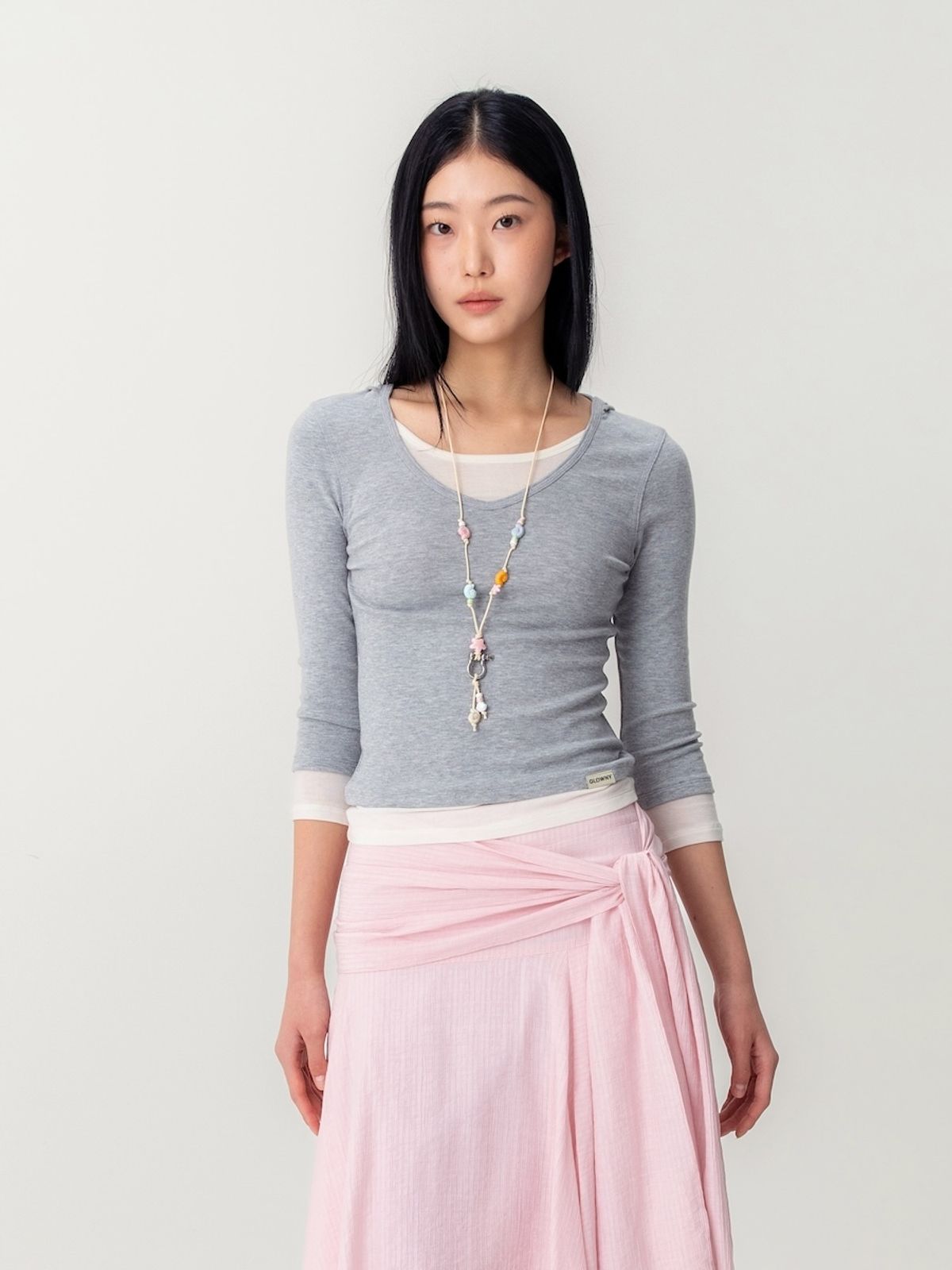 글로니(GLOWNY) 3/4 LAYERED CONTRAST HOODIE (GRAY)
