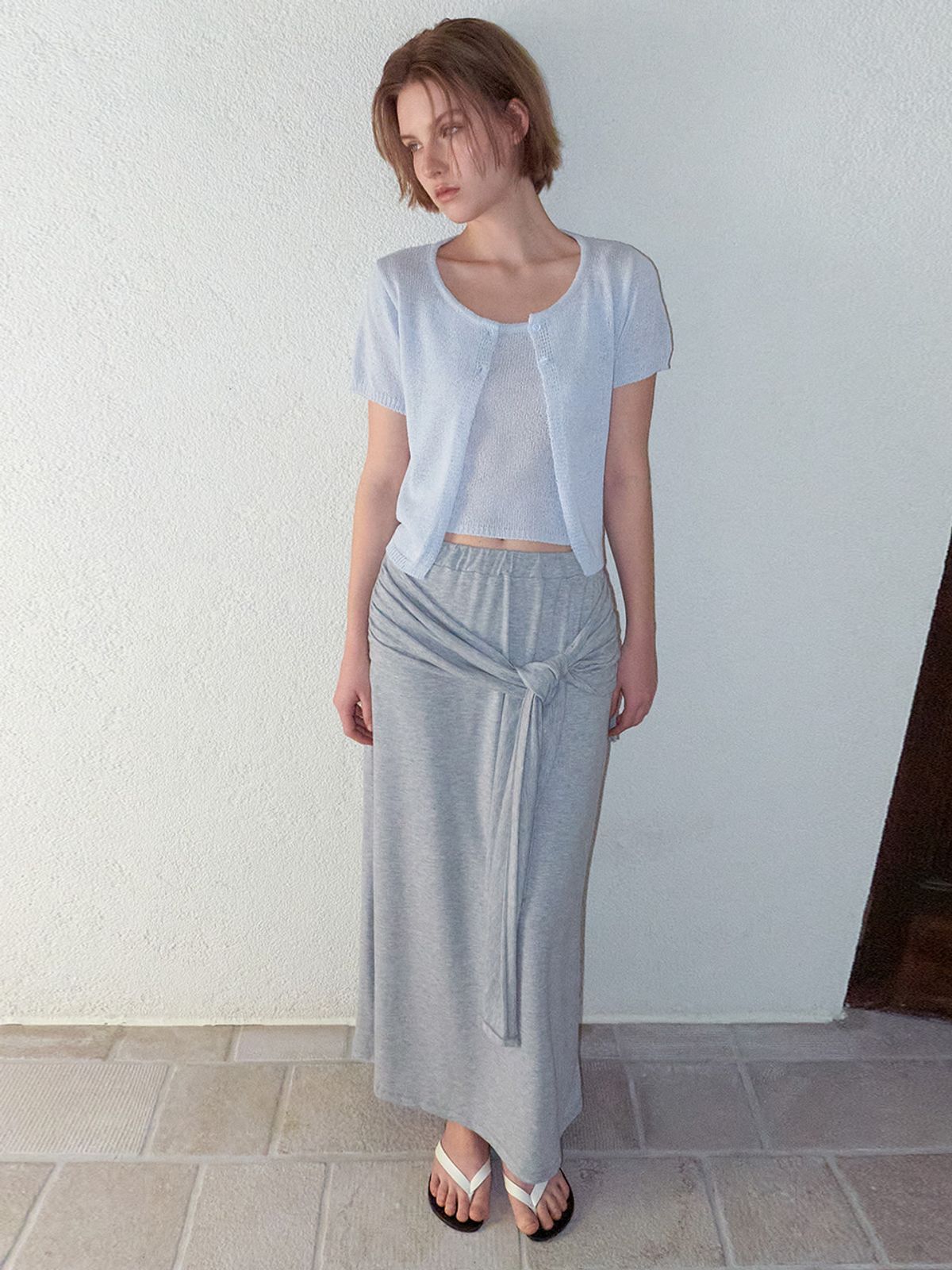 에트몽(ETMON) 2-Way Tie Long Skirt, Melange Grey