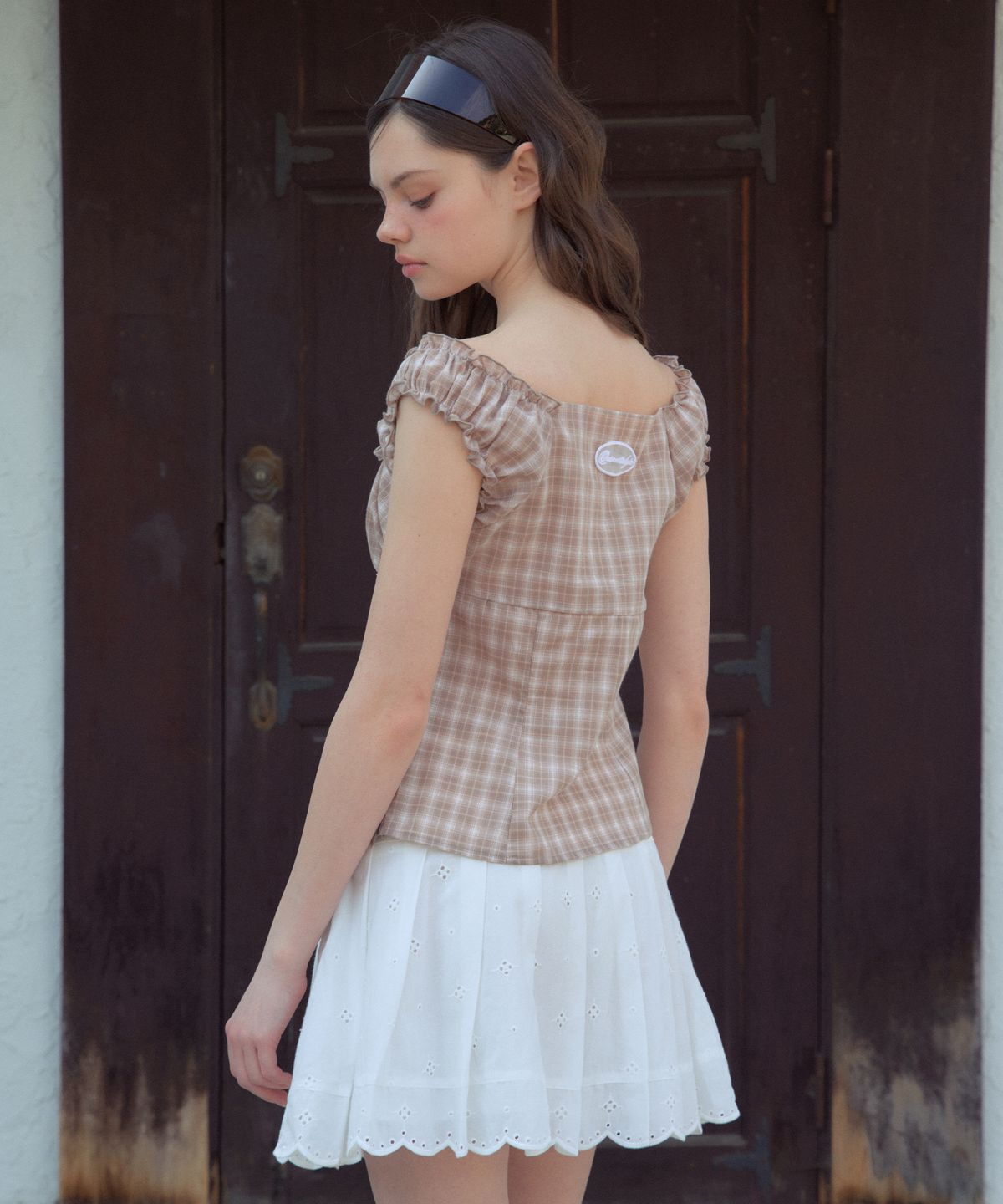 아우어노스텔지아(OURNOSTALGIA) Bell Check Sleeveless Blouse_Brown(OB6BL05)