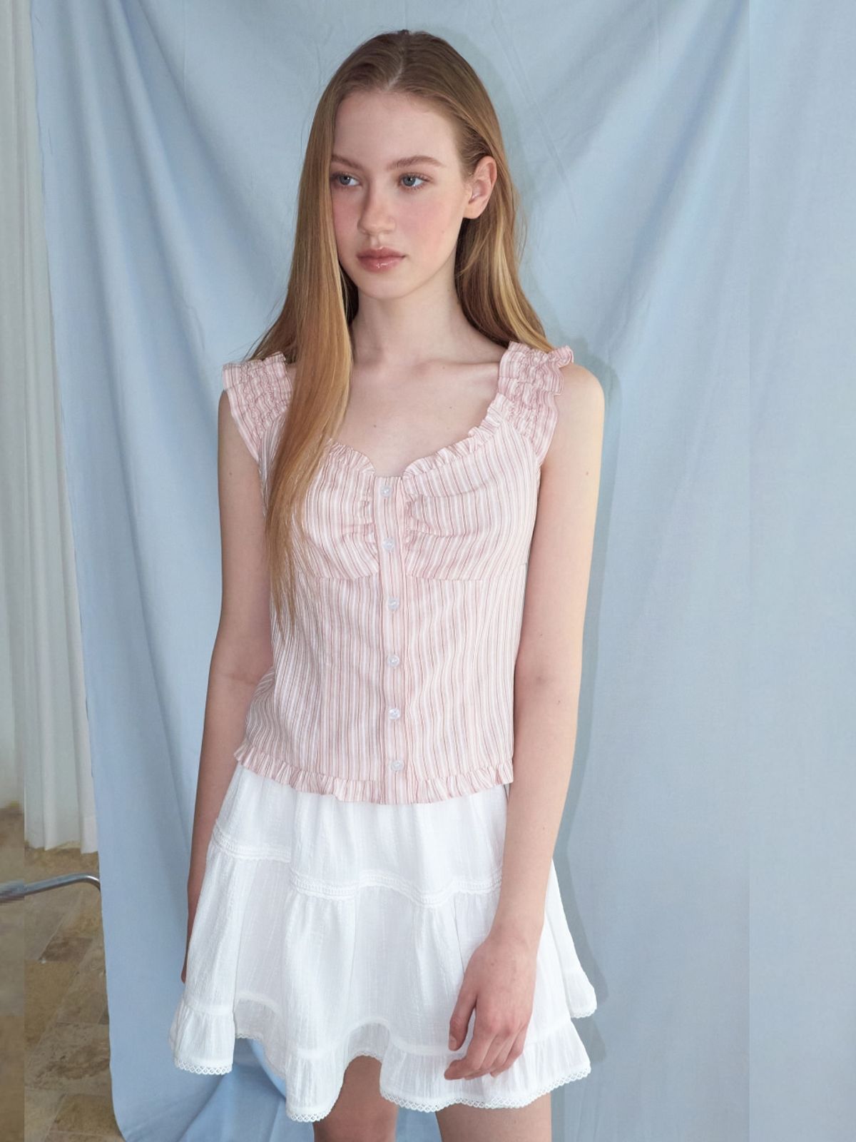 에트몽(ETMON) Stripe Shirring Blouse, Pink