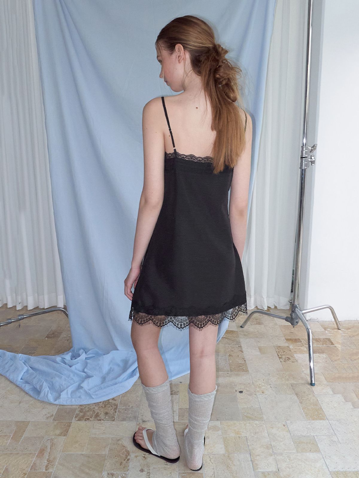 에트몽(ETMON) Double Lace Slip Dress, Black