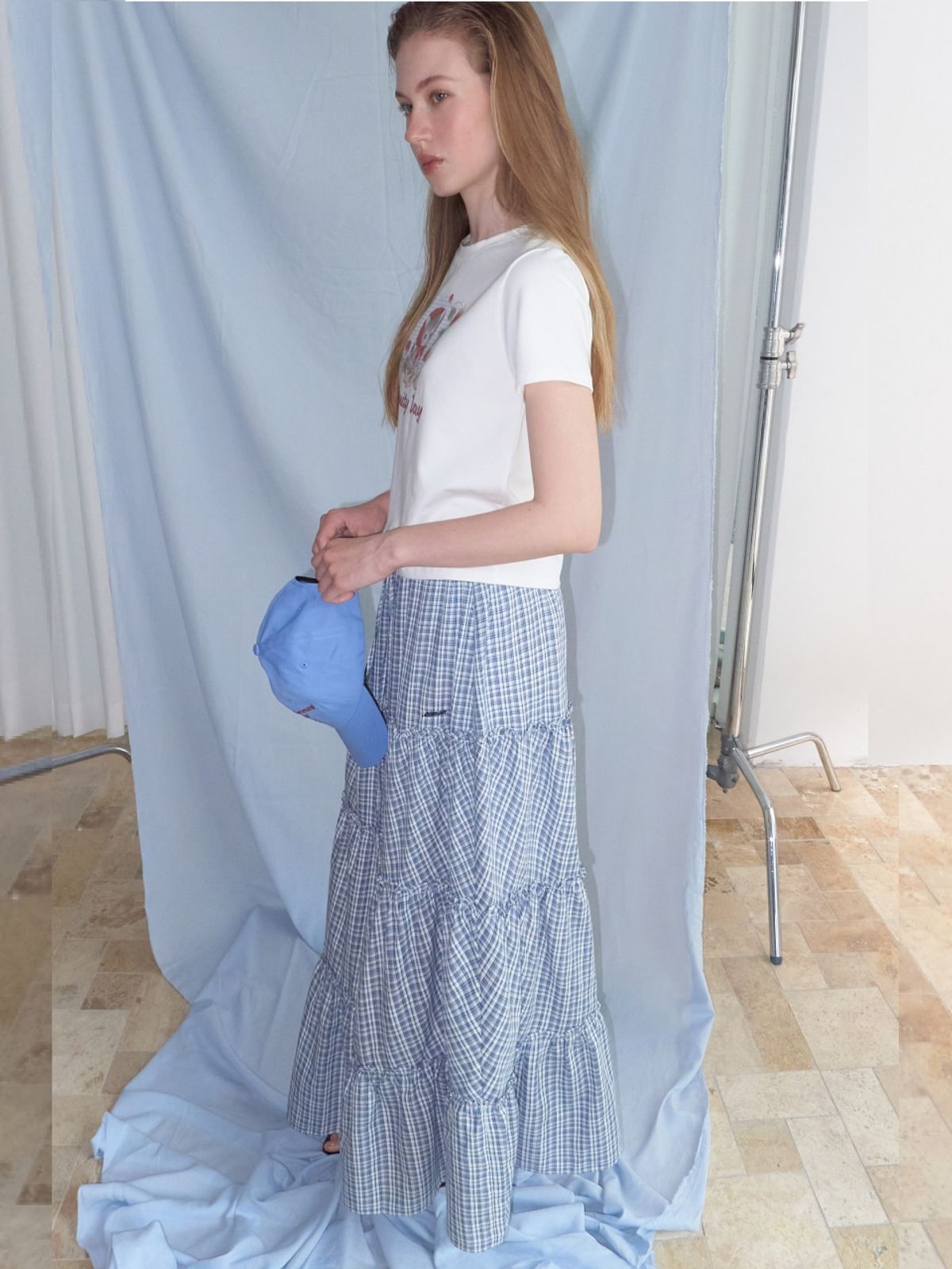 에트몽(ETMON) Check frill Tiered Skirt, Navy
