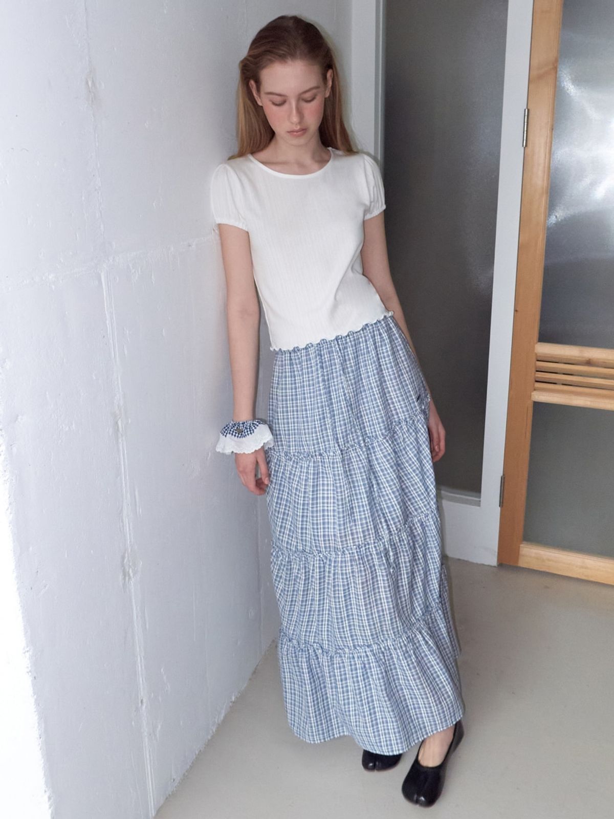 에트몽(ETMON) Check frill Tiered Skirt, Navy