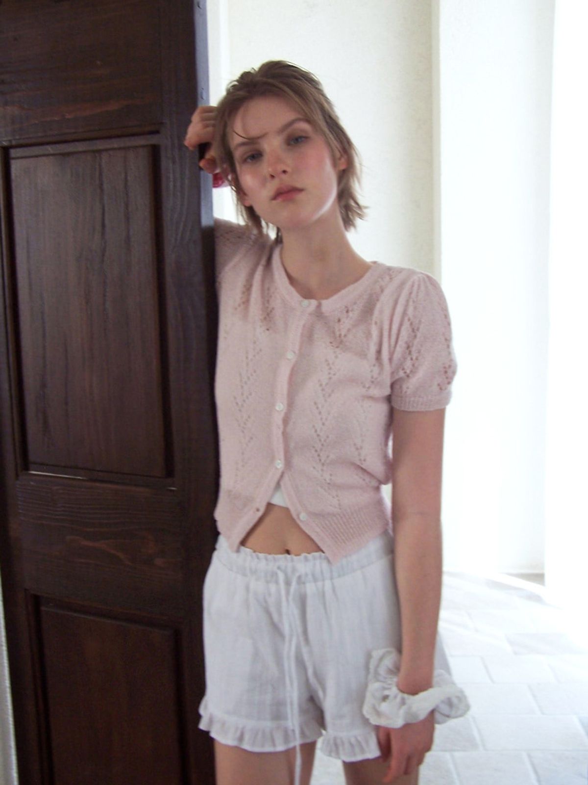 에트몽(ETMON) Crochet Puff Cardigan, Light Pink