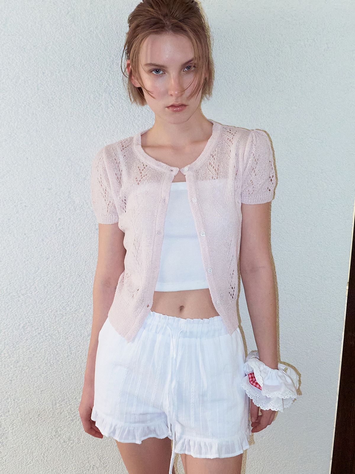 에트몽(ETMON) Crochet Puff Cardigan, Light Pink