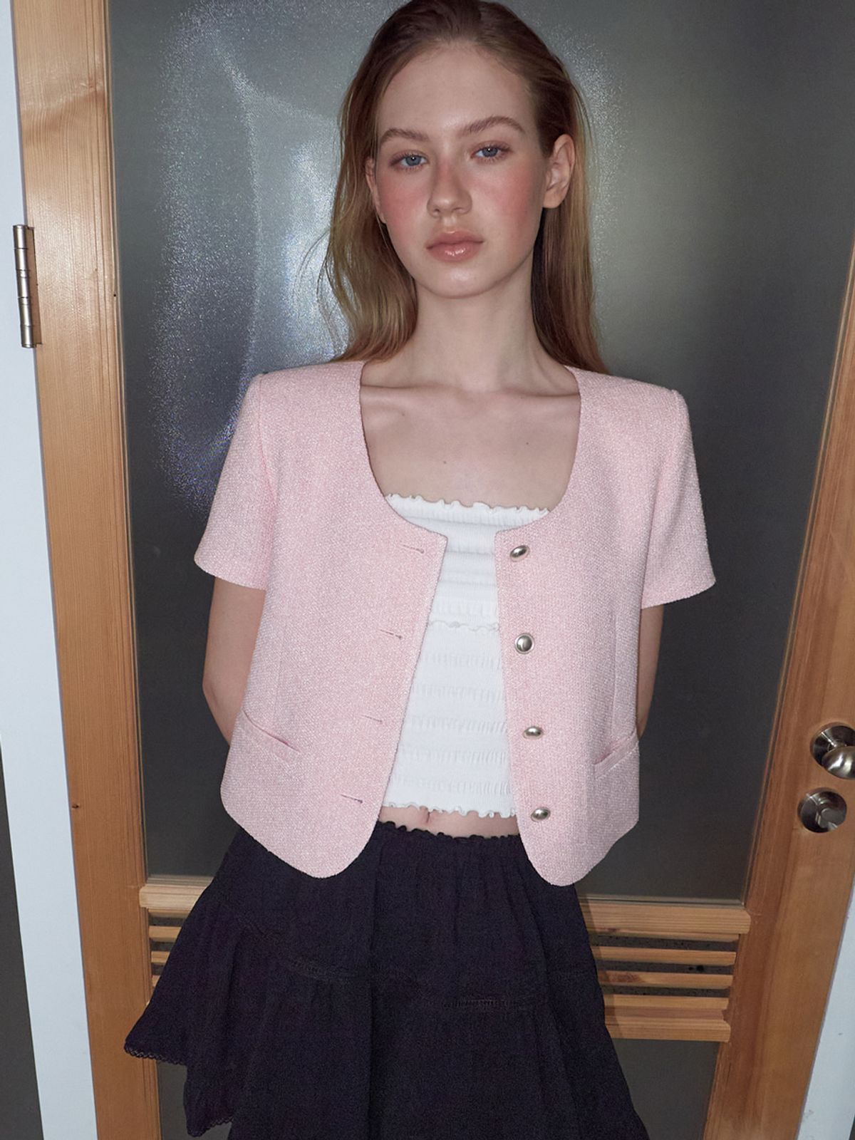 에트몽(ETMON) Summer Round Tweed Jacket, Light Pink