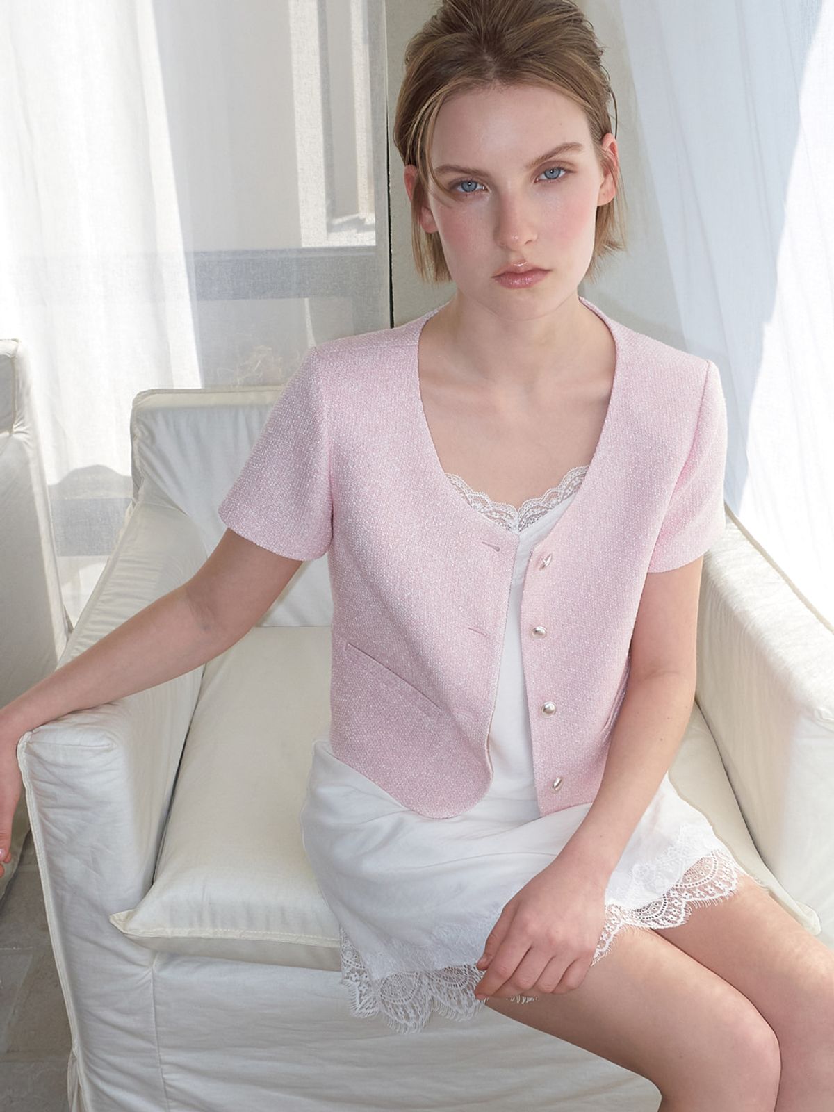 에트몽(ETMON) Summer Round Tweed Jacket, Light Pink