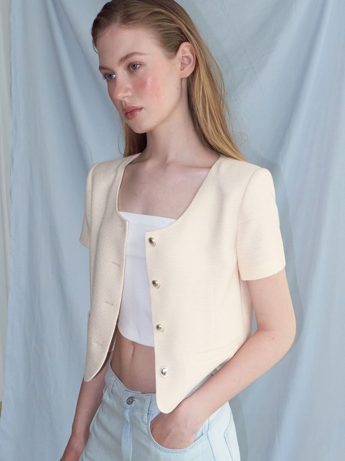 에트몽(ETMON) Summer Round Tweed Jacket, Light Yellow
