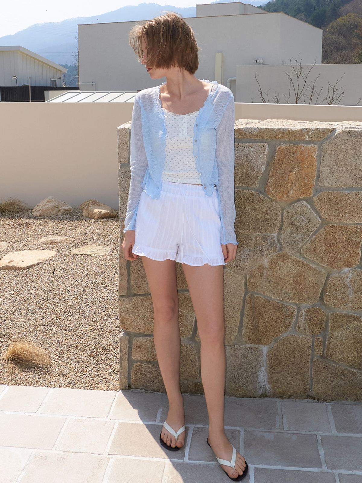 에트몽(ETMON) Sheer Frill Cardigan, Light Blue