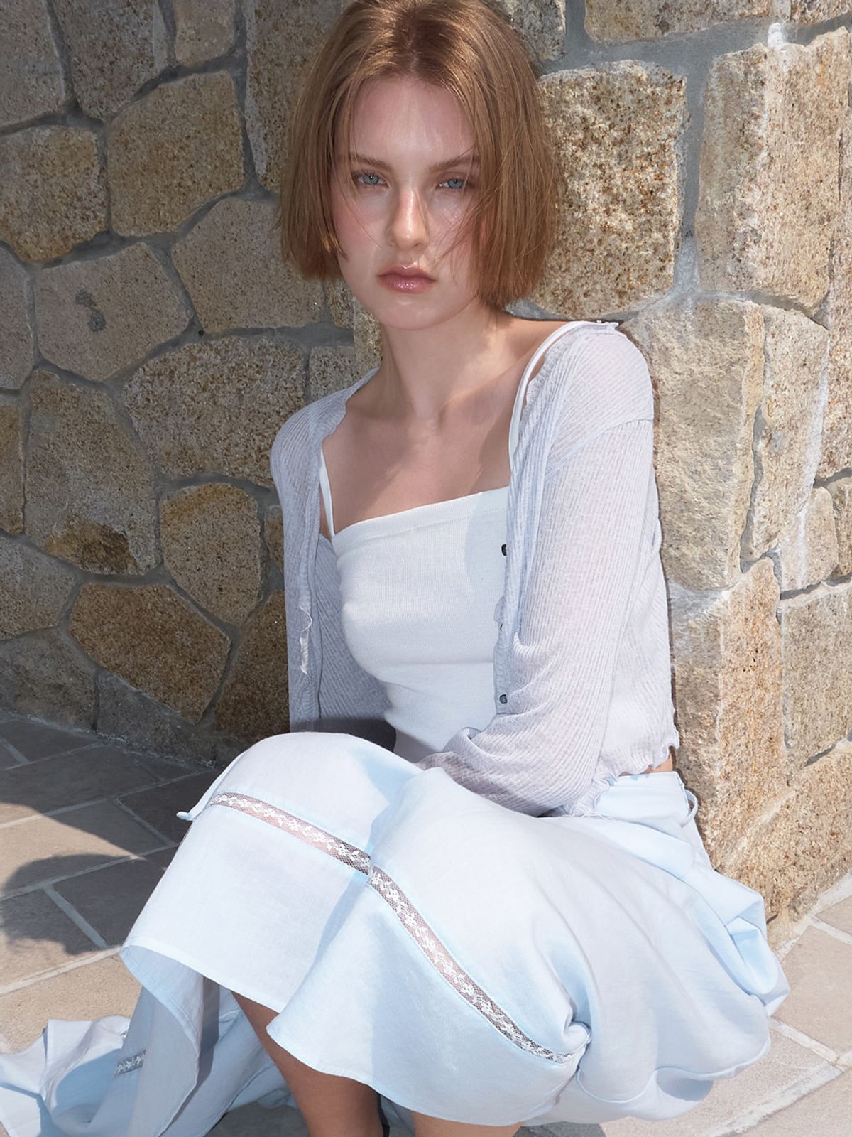 에트몽(ETMON) Sheer Frill Cardigan, Light Grey