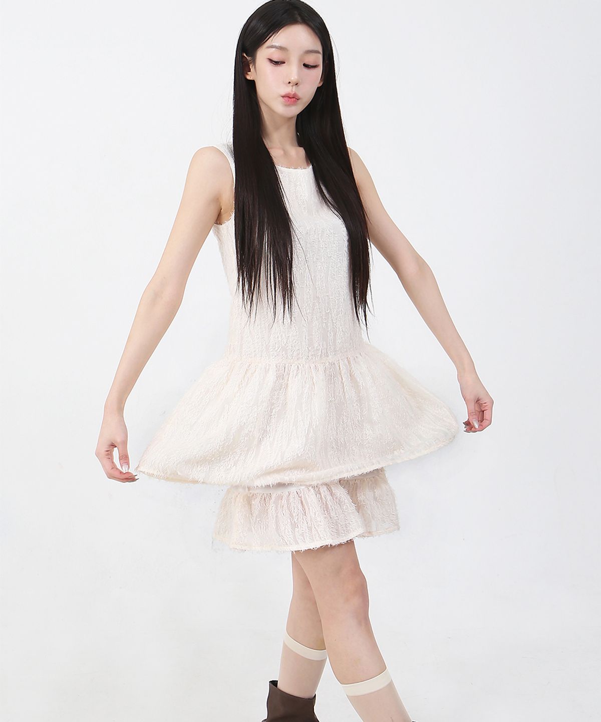 까트린(CATTLINE) 더블 프릴 슬리브리스 원피스 크림