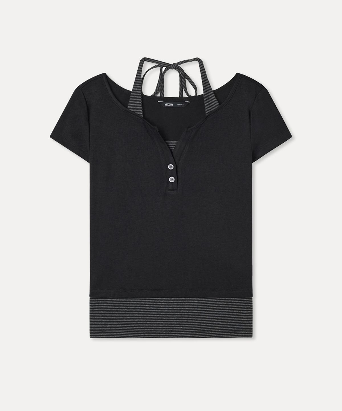 미쏘(MIXXO) 스트라이프 레이어드 반팔 티셔츠 RE LWG404A_MIWHWG58QA