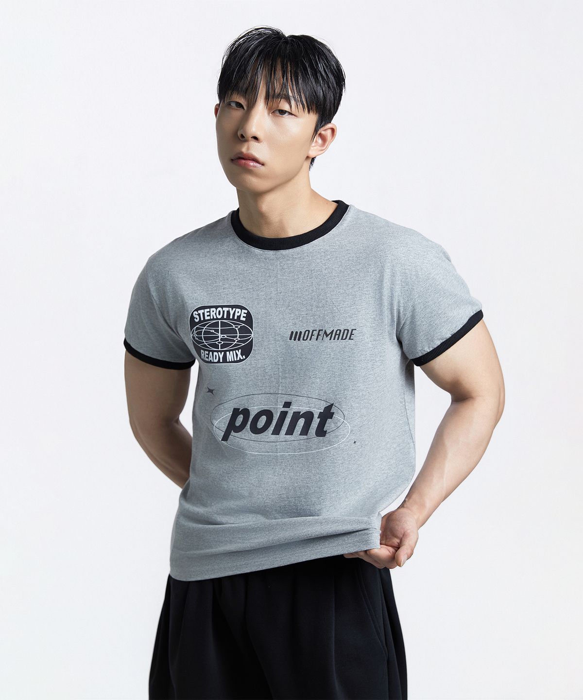 오프메이드(OFFMADE) POINT 세미 머슬핏 크롭 링거 반팔티