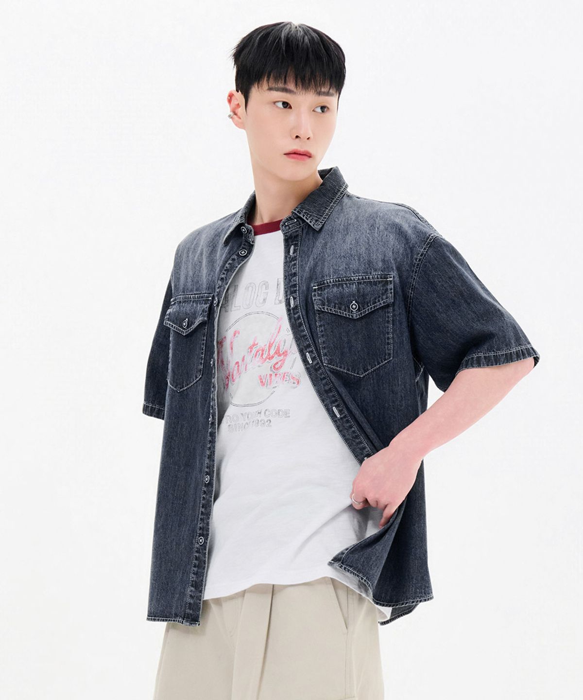 체이스컬트(CHASECULT) 남성 데님 포켓 반팔 셔츠-FBRK5541D04