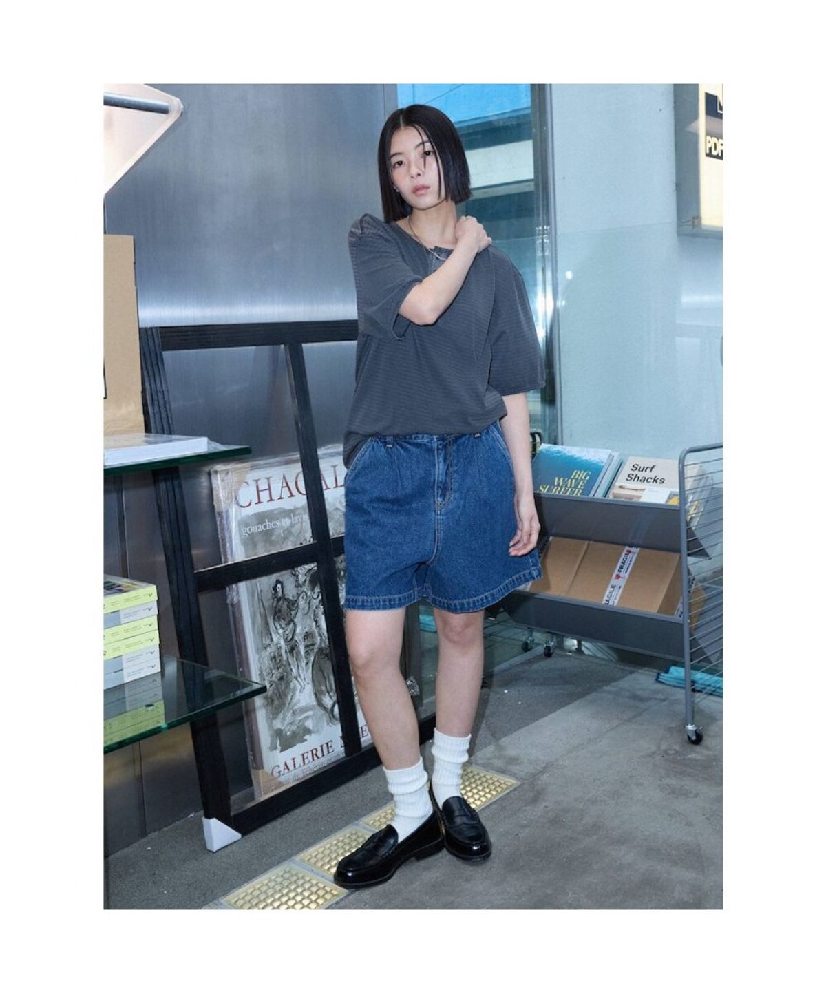 샌드 사운드(SAND SOUND) (UNISEX) 다잉 스트라이프 헨리넥 반소매 티셔츠  애쉬