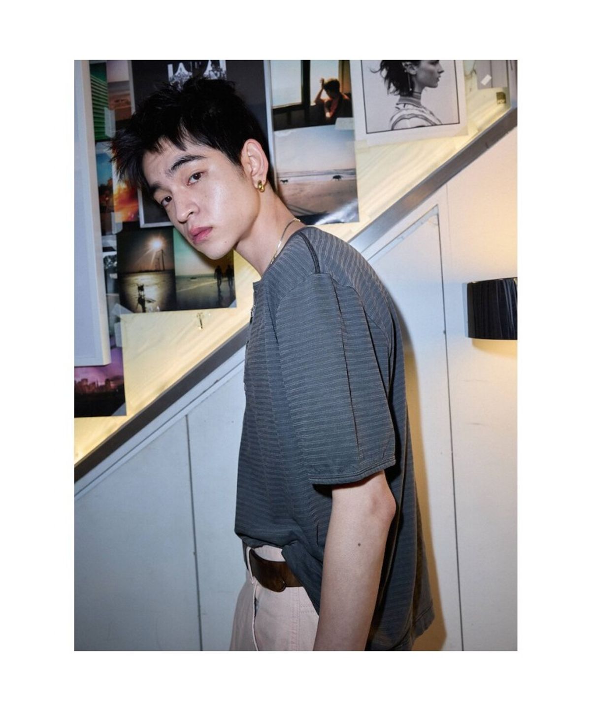 샌드 사운드(SAND SOUND) (UNISEX) 다잉 스트라이프 헨리넥 반소매 티셔츠  블랙