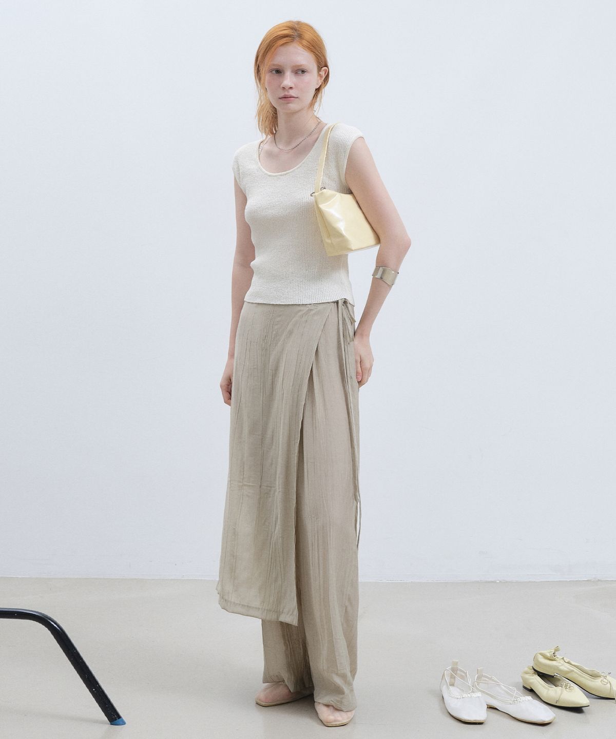 닉앤니콜(NICK&NICOLE) WRINKLE LAYERED WRAP SKIRT PANTS_KHAKI
