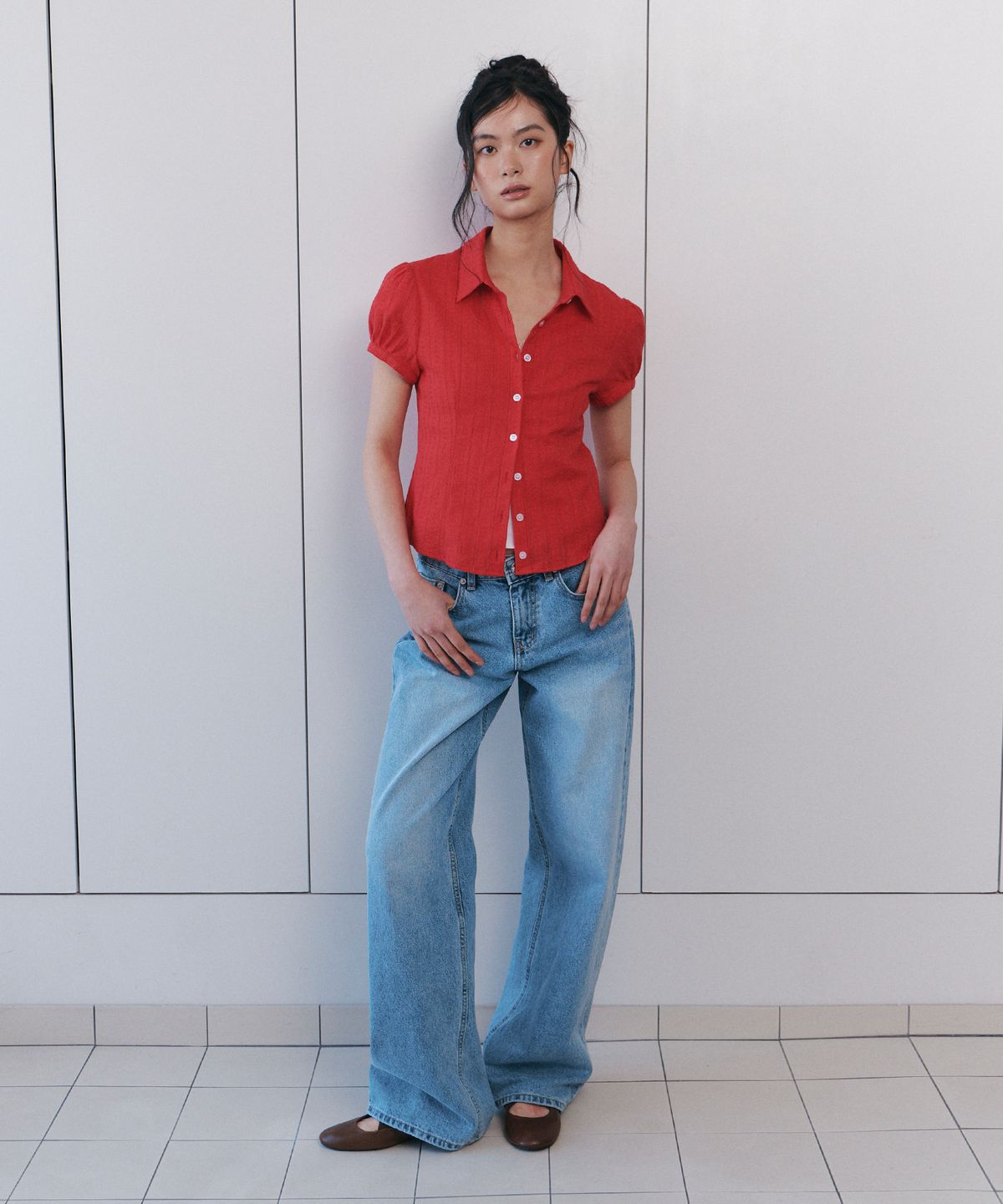큐리티(CURETTY) C COTTON JACQUARD HALF BLOUSE_RED