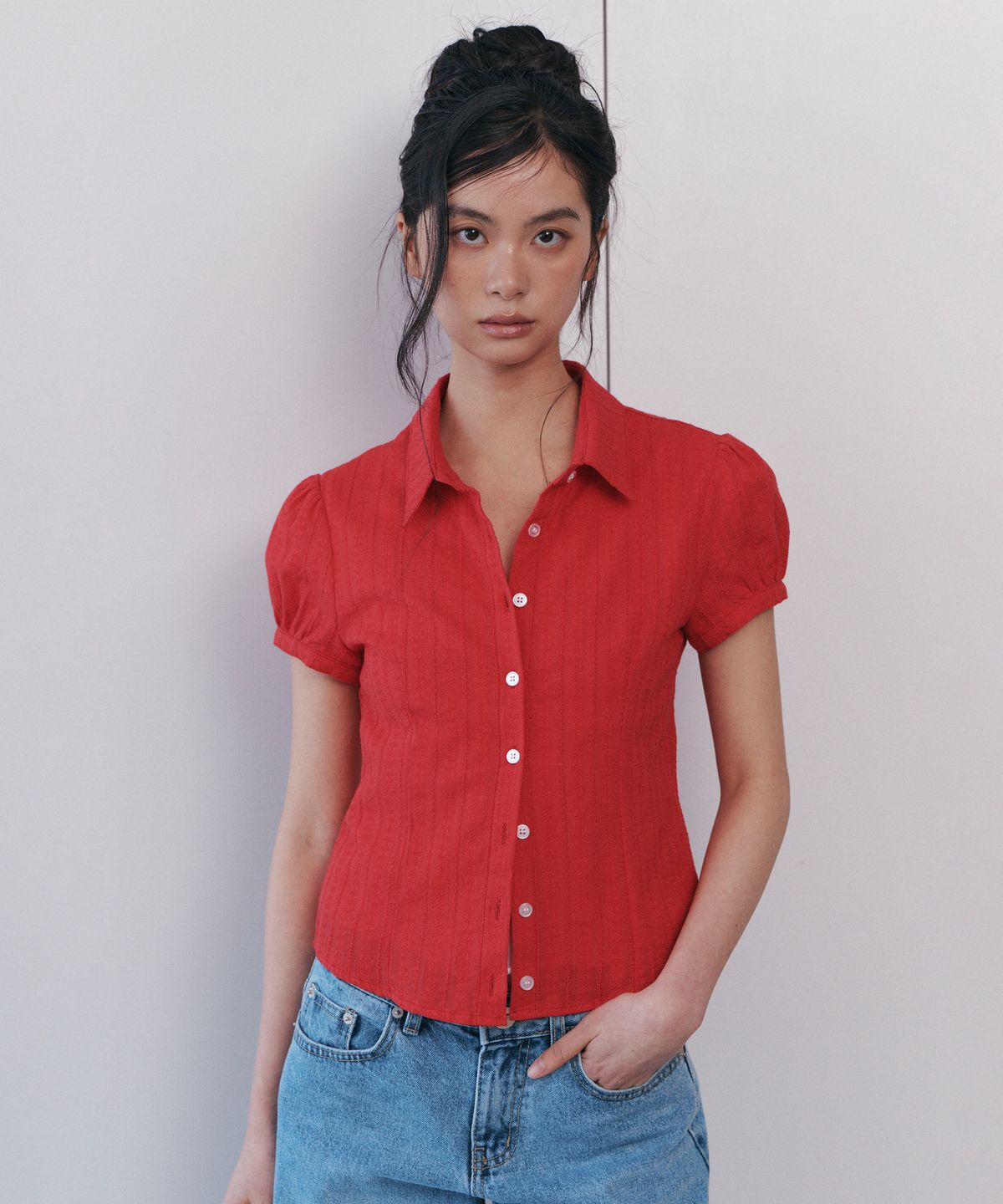 큐리티(CURETTY) C COTTON JACQUARD HALF BLOUSE_RED