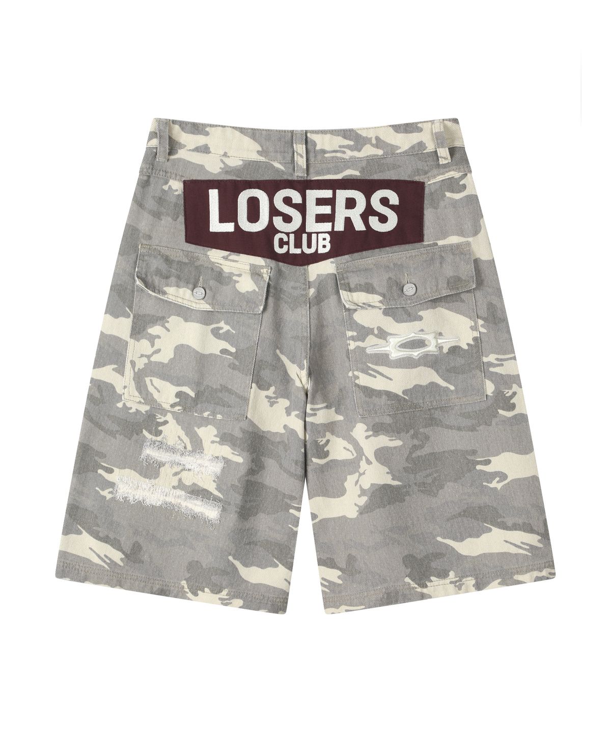 루저스클럽(LOSERS CLUB) 디스트로이드 패치 버뮤다 데님팬츠 베이지 카모