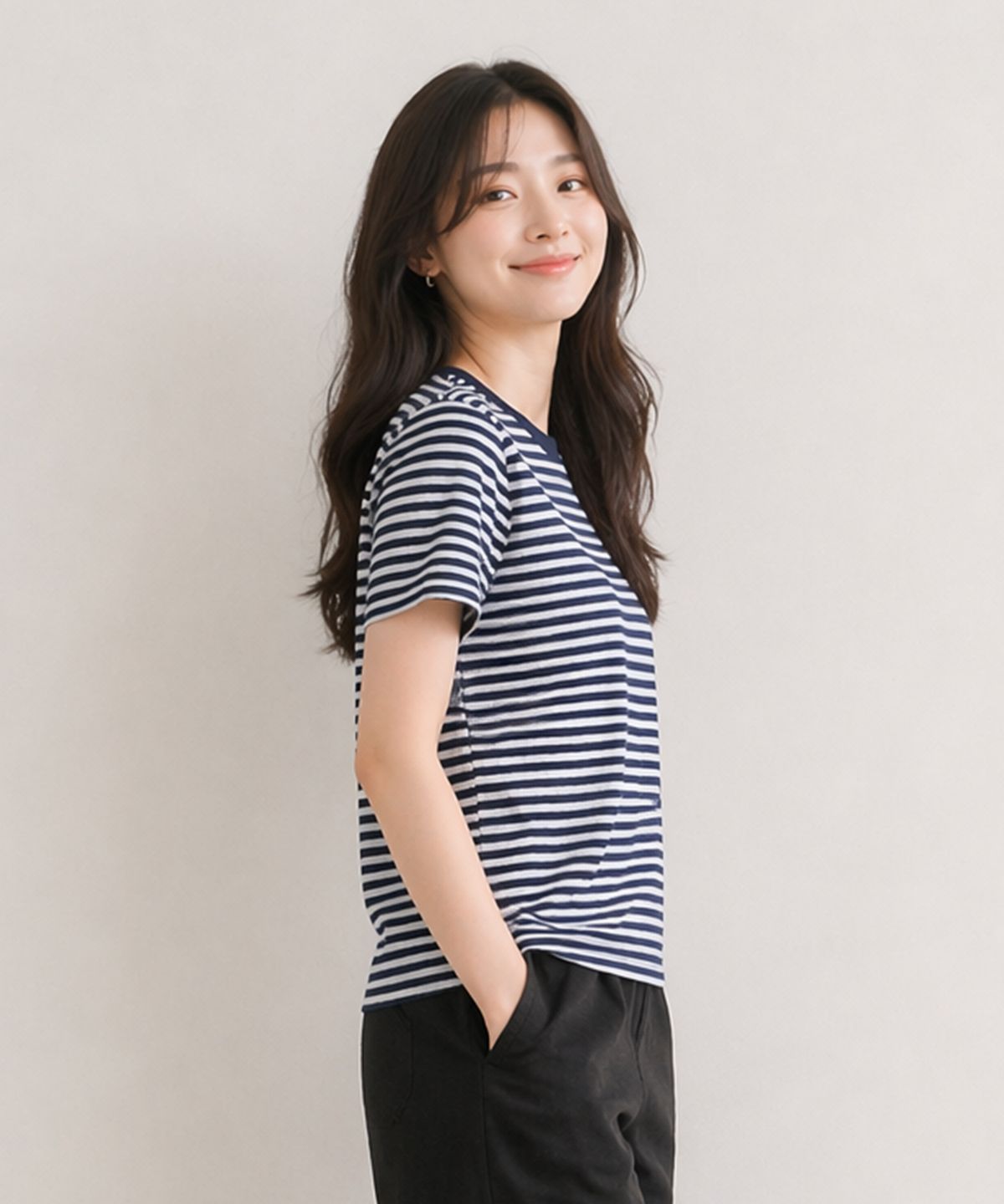 에이던엠(ADERNM) SLUB STRIPE CROP T NAVY