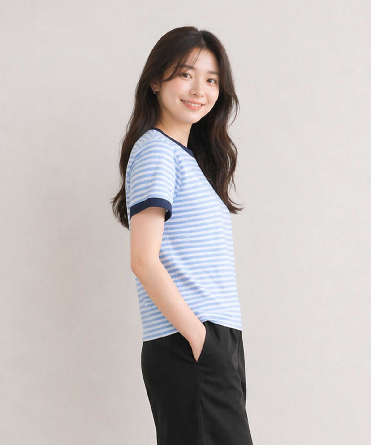 에이던엠(ADERNM) SLUB STRIPE RINGER CROP T LIGHT BLUE