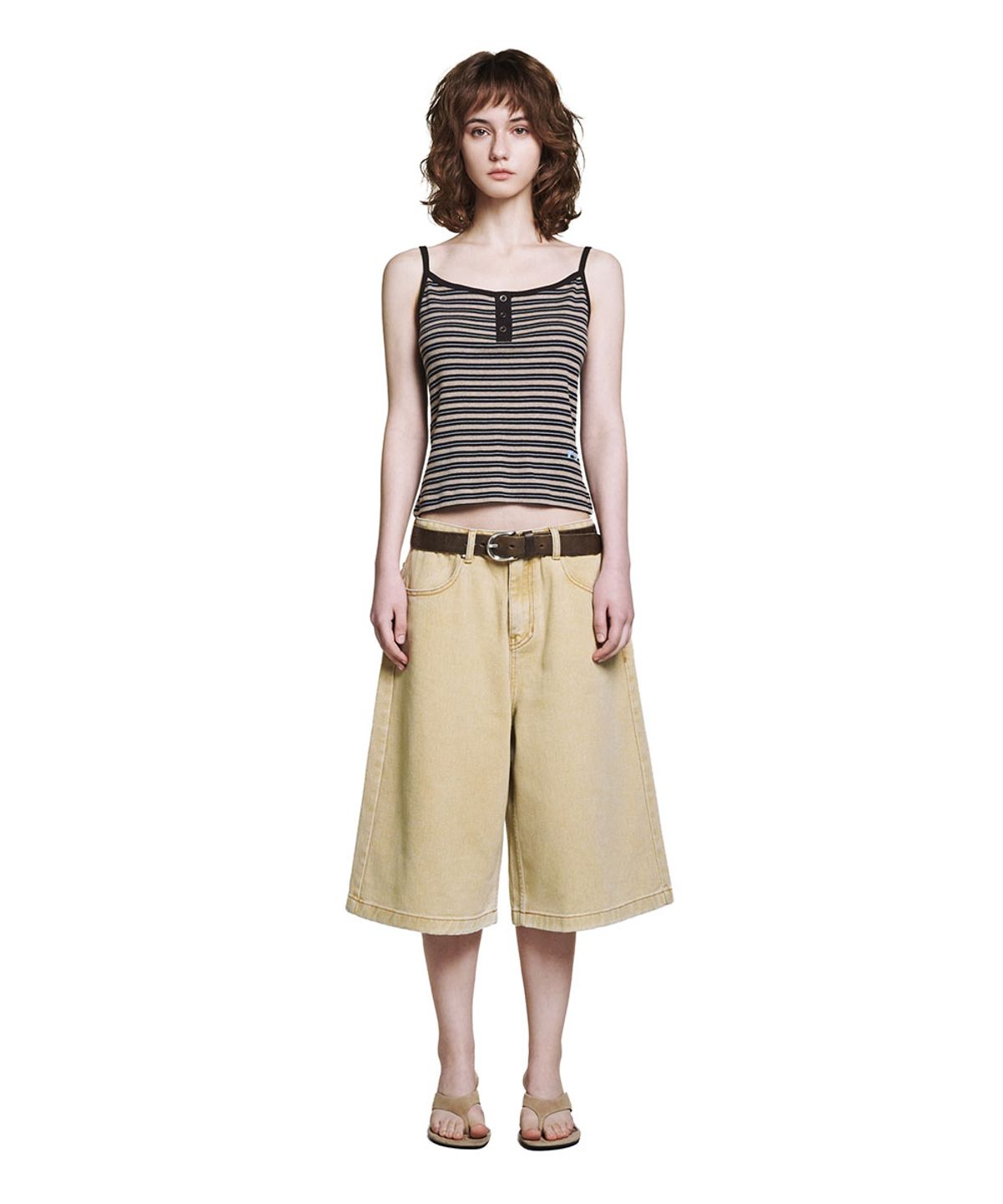 로타입(ROUGHTYPE) Stripe Henley Neck Sleeveless - Beige