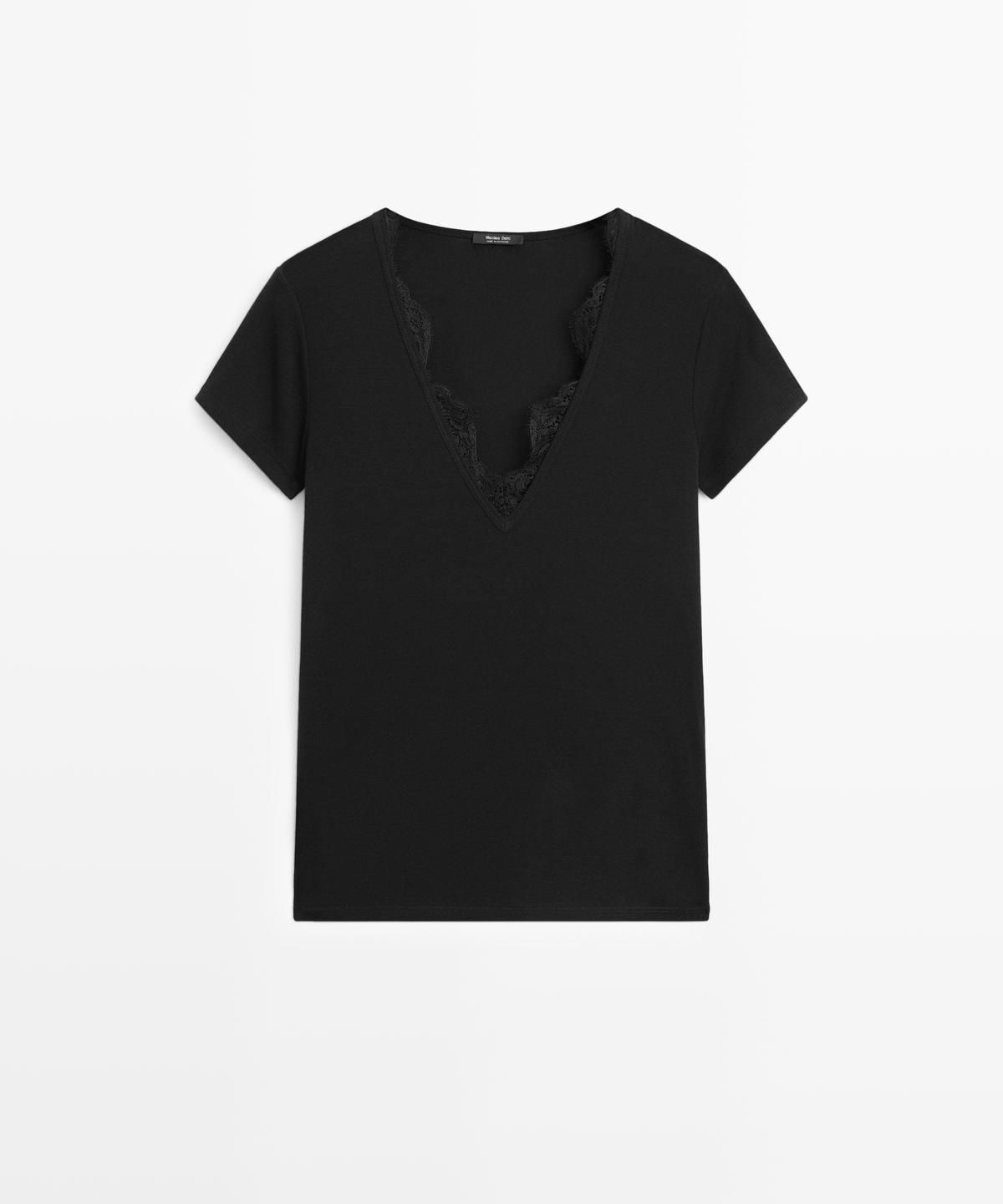 마시모두띠(MASSIMO DUTTI) 레이스 디테일 브이넥 티셔츠