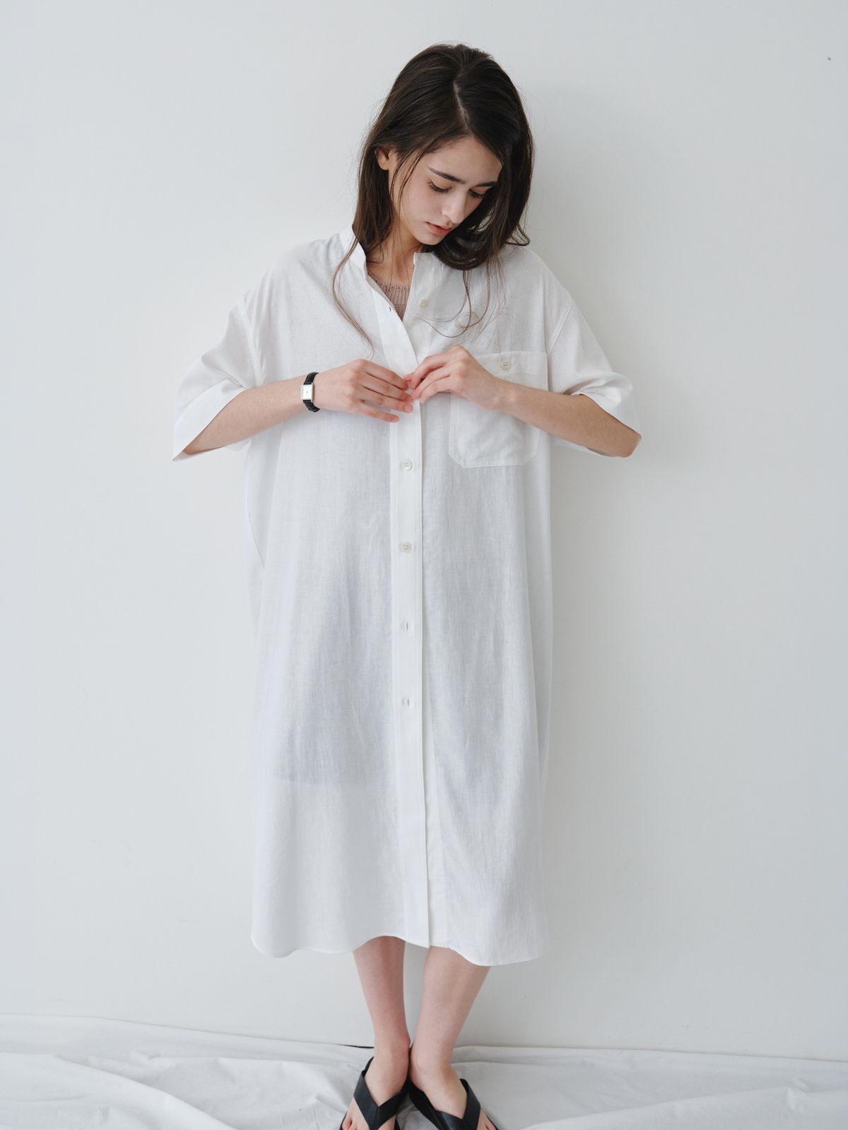 리플레인(REPLAIN) LINEN LONG SHIRT DRESS_OFF WHITE