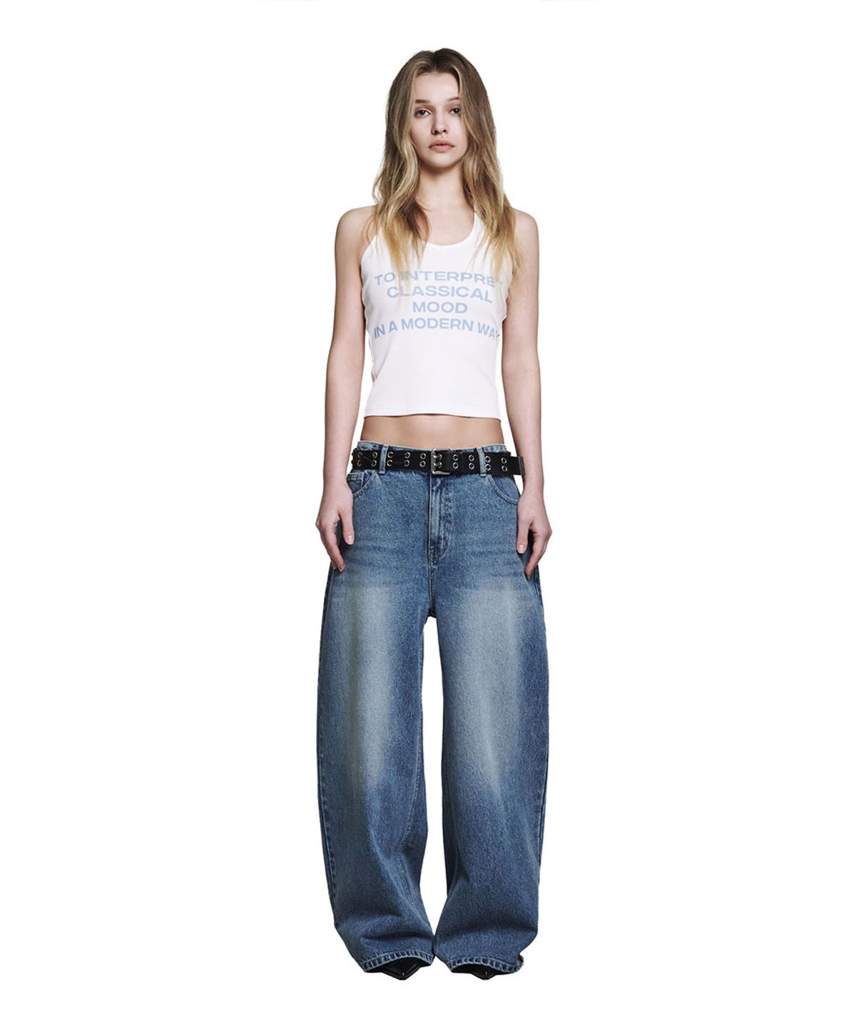 로타입(ROUGHTYPE) Stud Line Wide Denim Pants - Mid blue