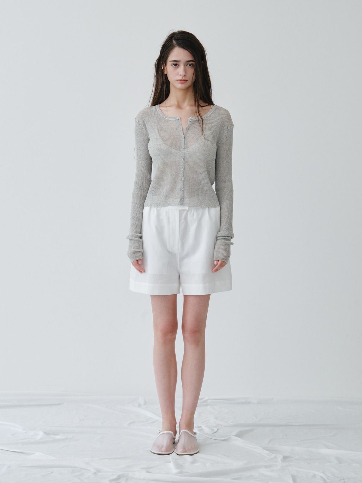리플레인(REPLAIN) LINEN SHEER RIB CARDIGAN_LIGHT GREY