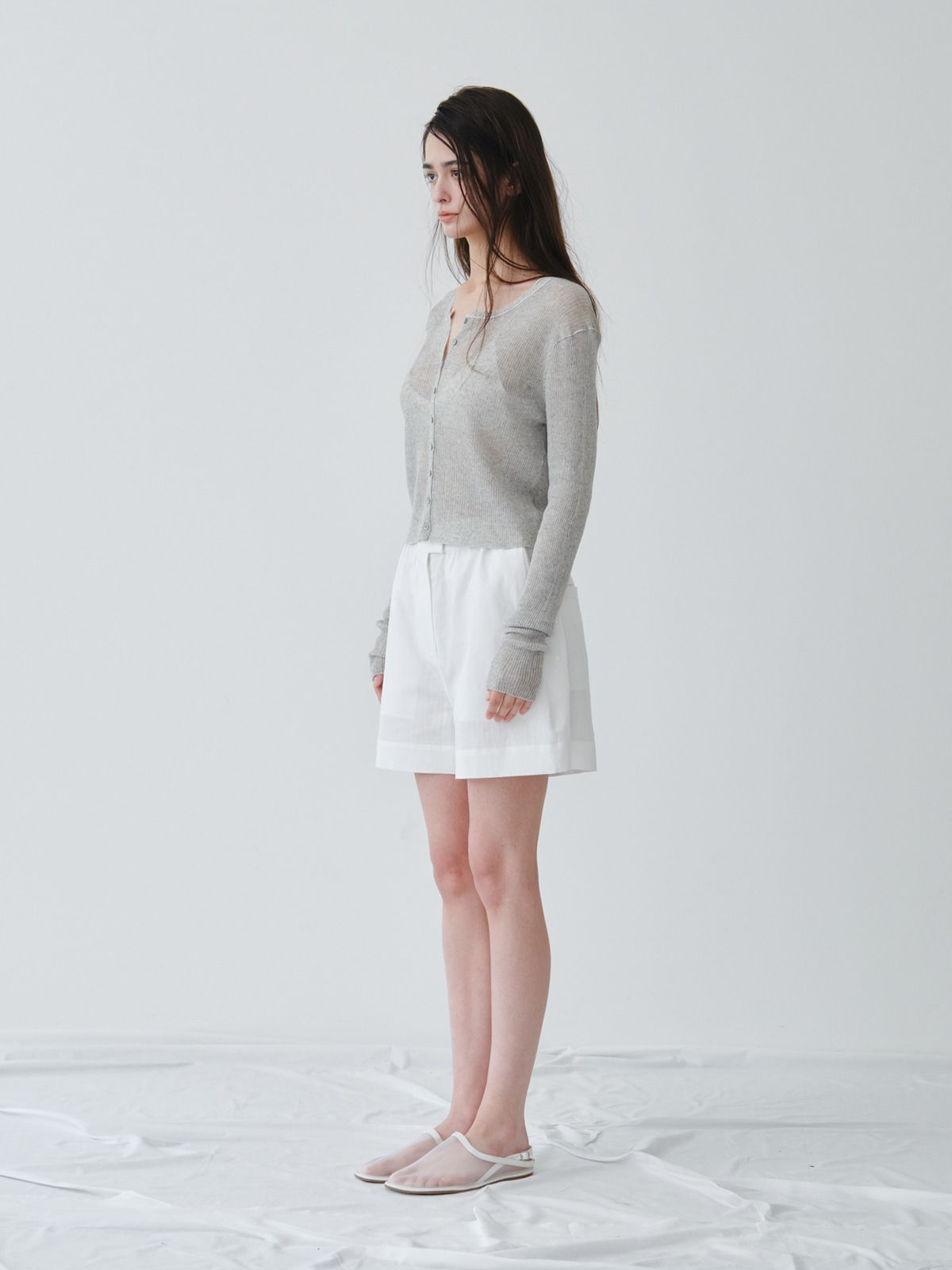 리플레인(REPLAIN) LINEN SHEER RIB CARDIGAN_LIGHT GREY