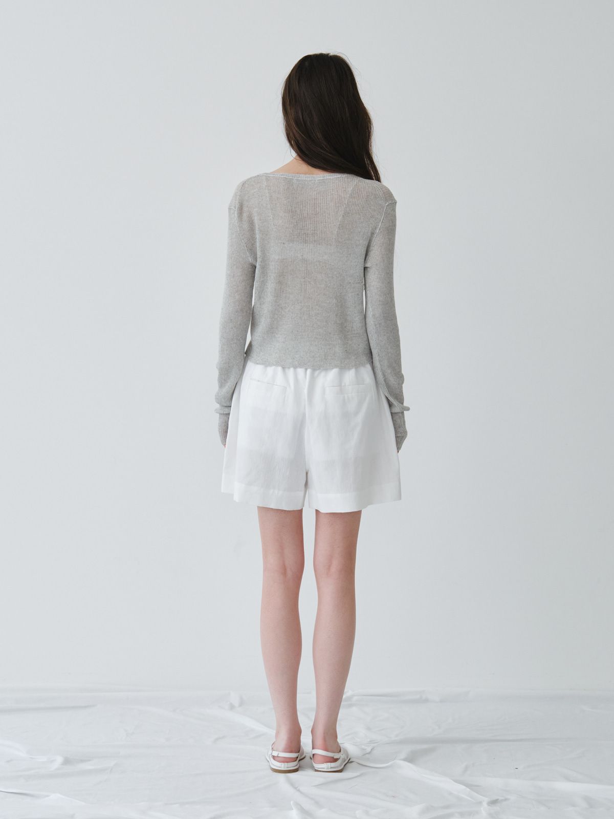 리플레인(REPLAIN) LINEN SHEER RIB CARDIGAN_LIGHT GREY