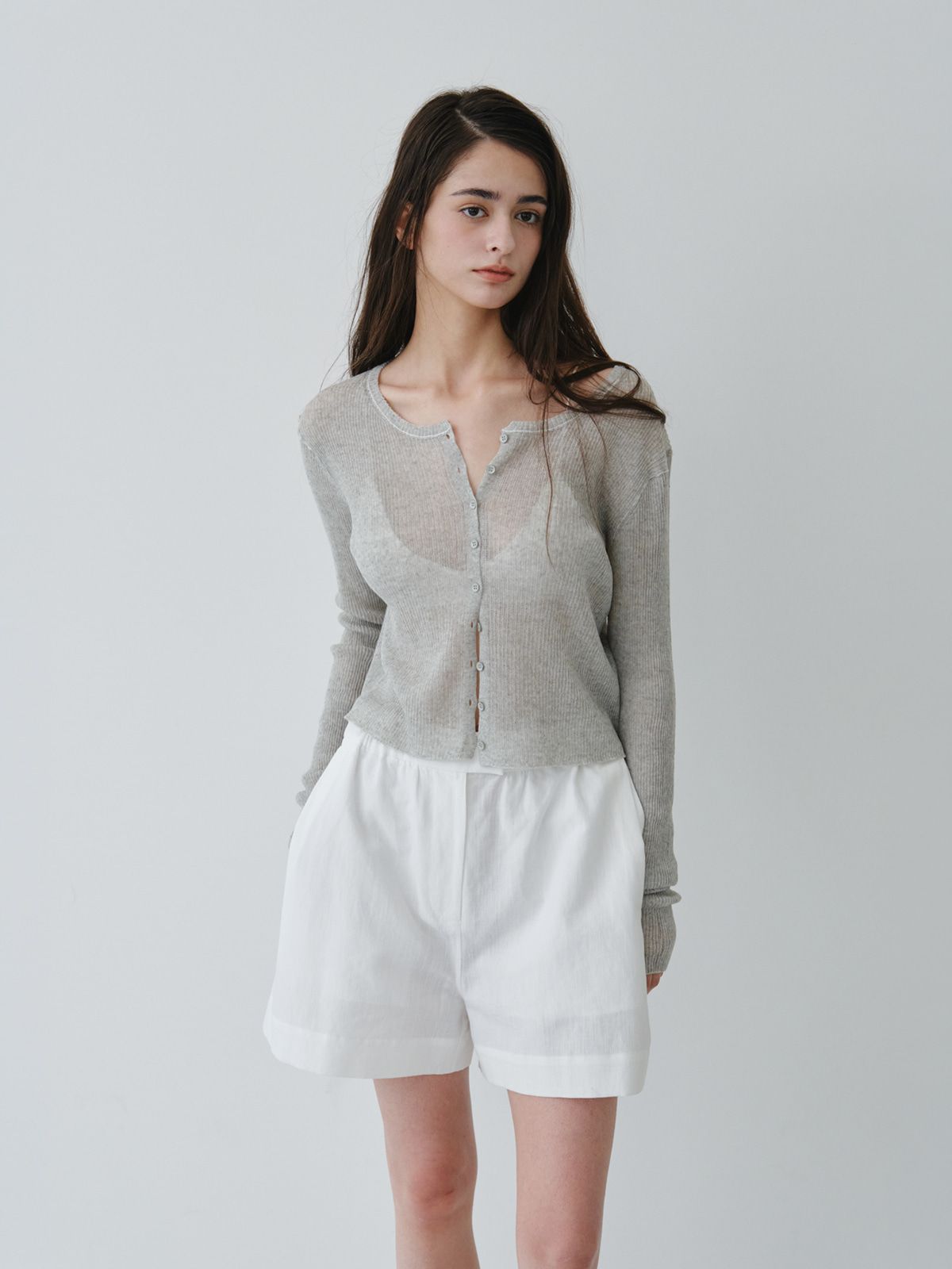 리플레인(REPLAIN) LINEN SHEER RIB CARDIGAN_LIGHT GREY