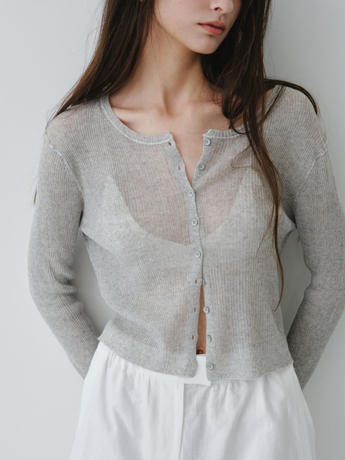 리플레인(REPLAIN) LINEN SHEER RIB CARDIGAN_LIGHT GREY