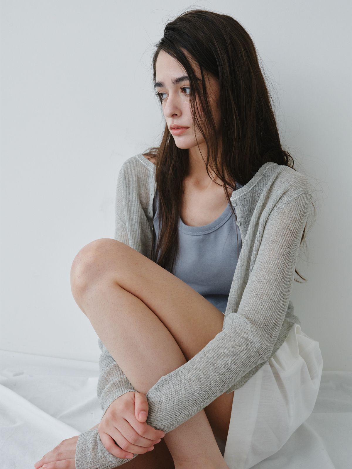 리플레인(REPLAIN) LINEN SHEER RIB CARDIGAN_LIGHT GREY
