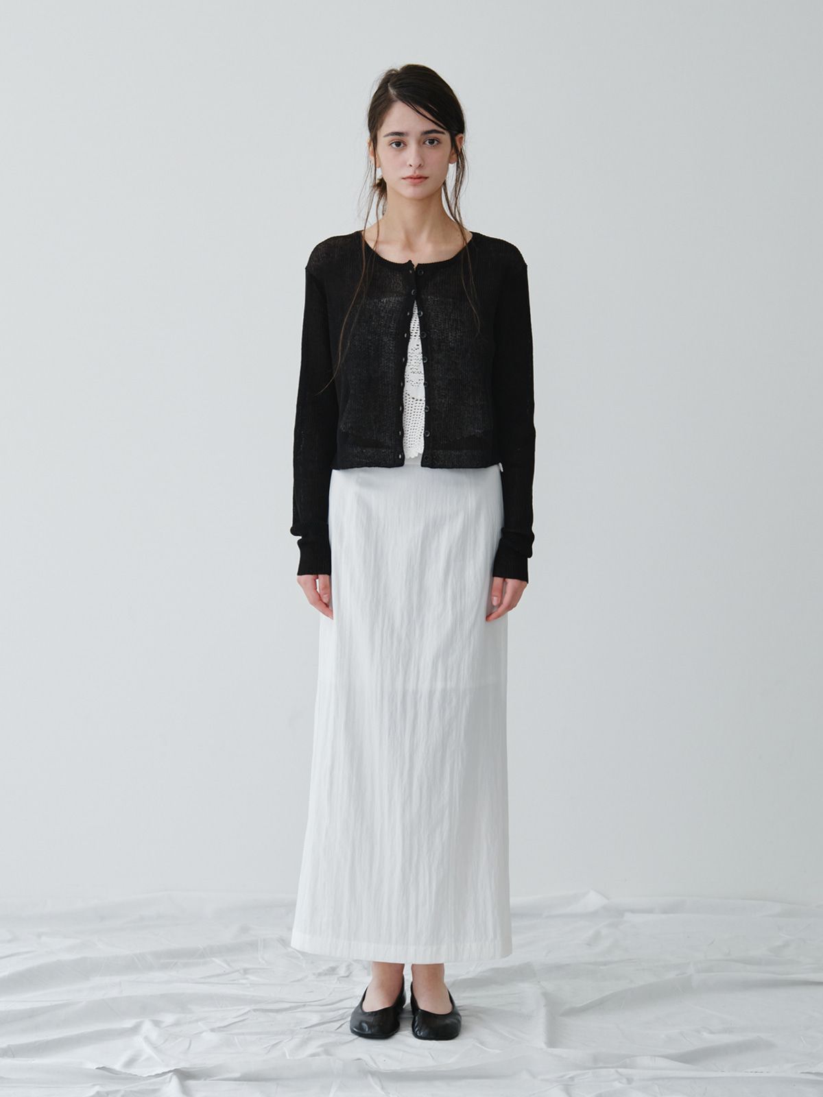 리플레인(REPLAIN) LINEN SHEER RIB CARDIGAN_BLACK