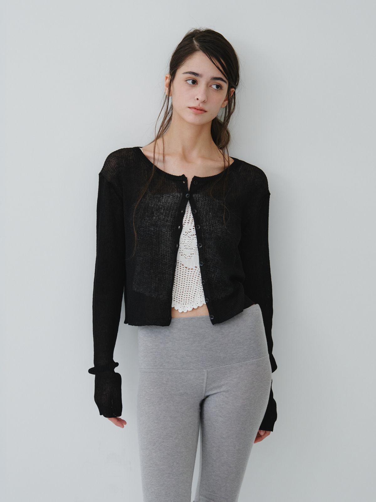 리플레인(REPLAIN) LINEN SHEER RIB CARDIGAN_BLACK