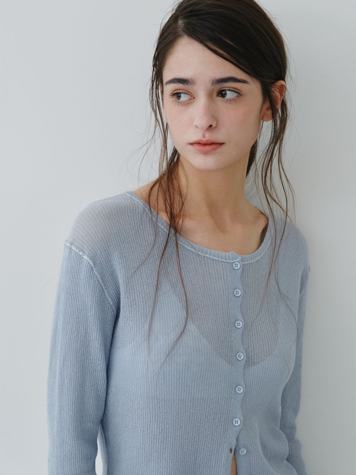 리플레인(REPLAIN) LINEN SHEER RIB CARDIGAN_LIGHT BLUE