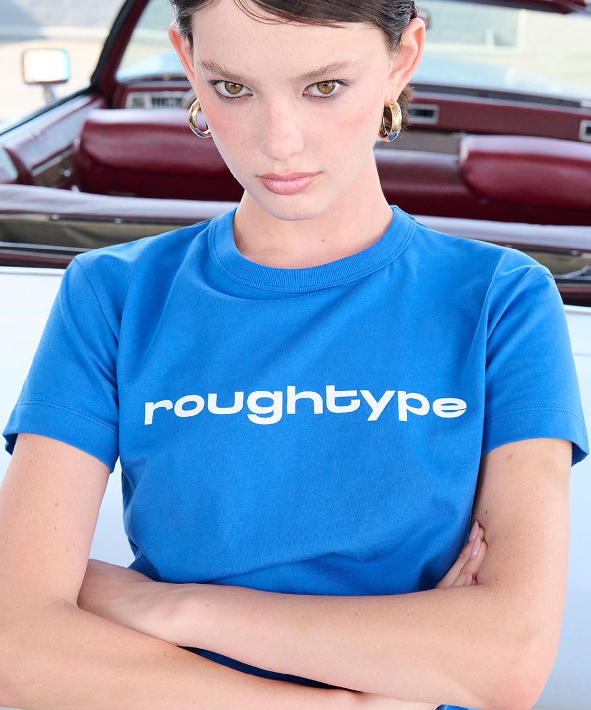 로타입(ROUGHTYPE) Signature Crop Short-sleeved T-shirt - Blue