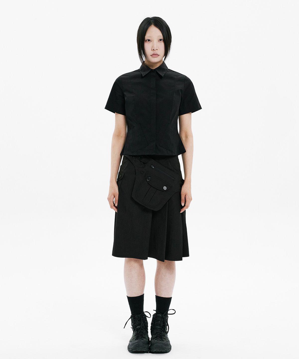 하나히(HANAHI) Pocket belt half pleated skirt BLACK