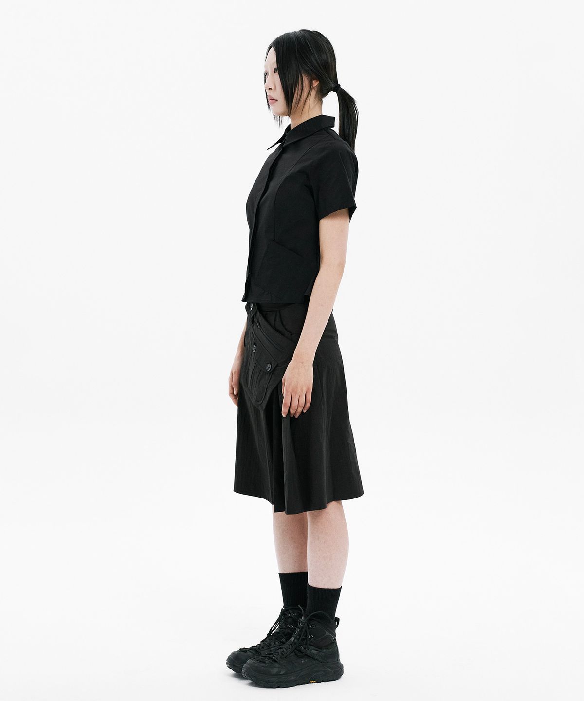 하나히(HANAHI) Pocket belt half pleated skirt BLACK