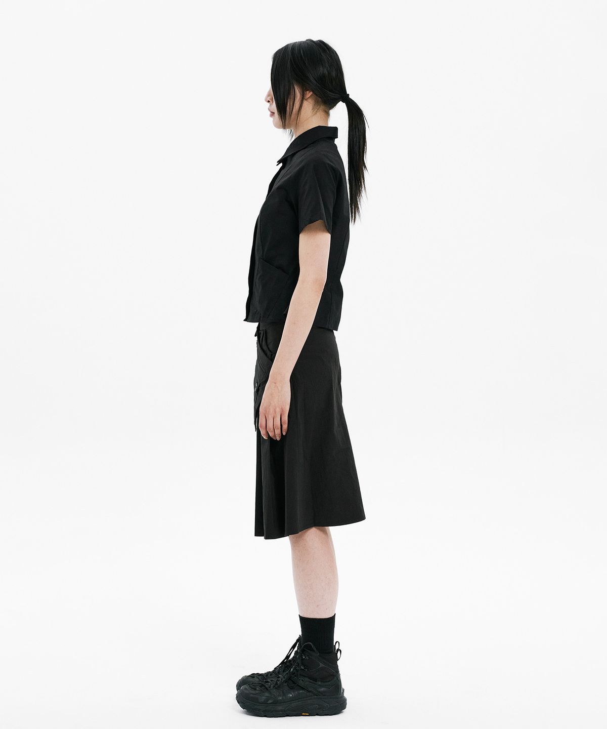 하나히(HANAHI) Pocket belt half pleated skirt BLACK