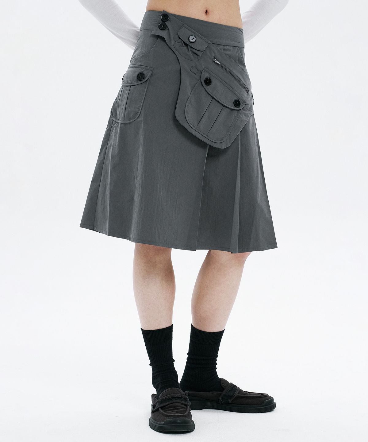 하나히(HANAHI) Pocket belt half pleated skirt GREY