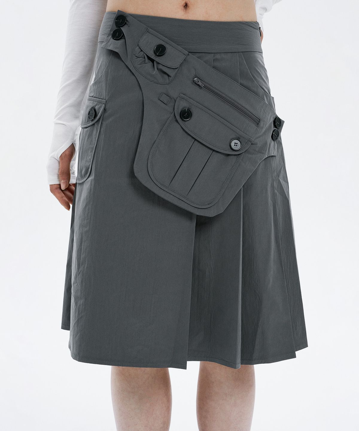 하나히(HANAHI) Pocket belt half pleated skirt GREY