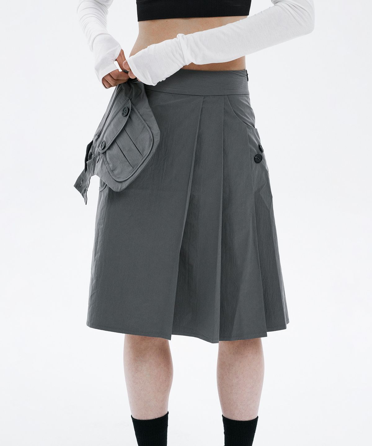 하나히(HANAHI) Pocket belt half pleated skirt GREY