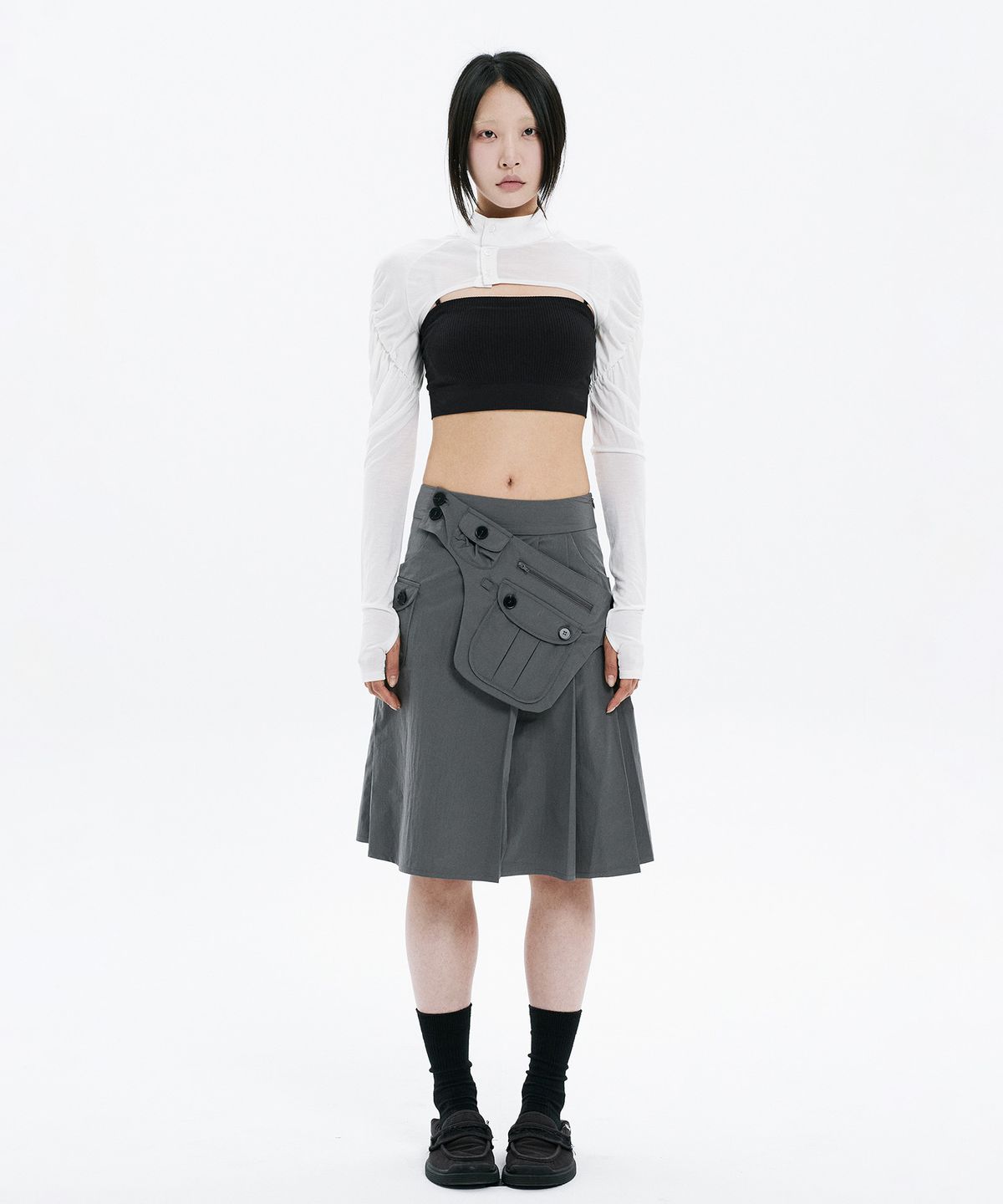 하나히(HANAHI) Pocket belt half pleated skirt GREY