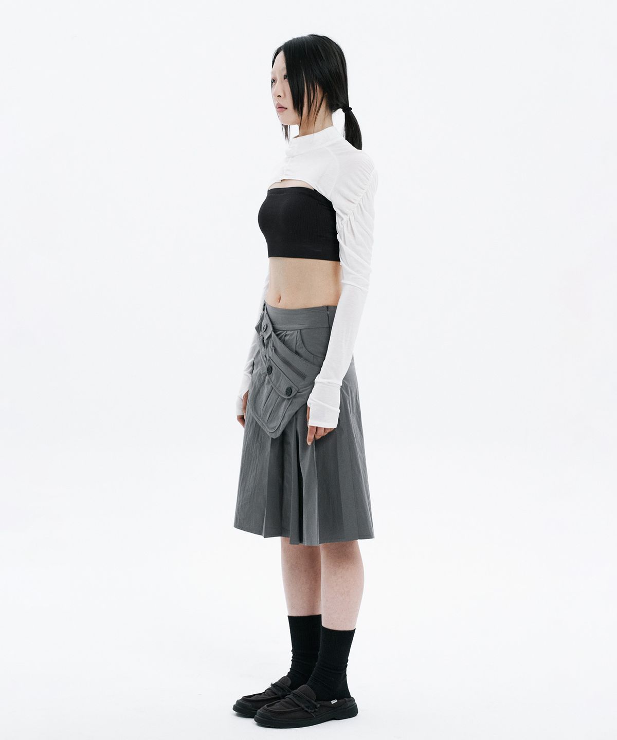 하나히(HANAHI) Pocket belt half pleated skirt GREY