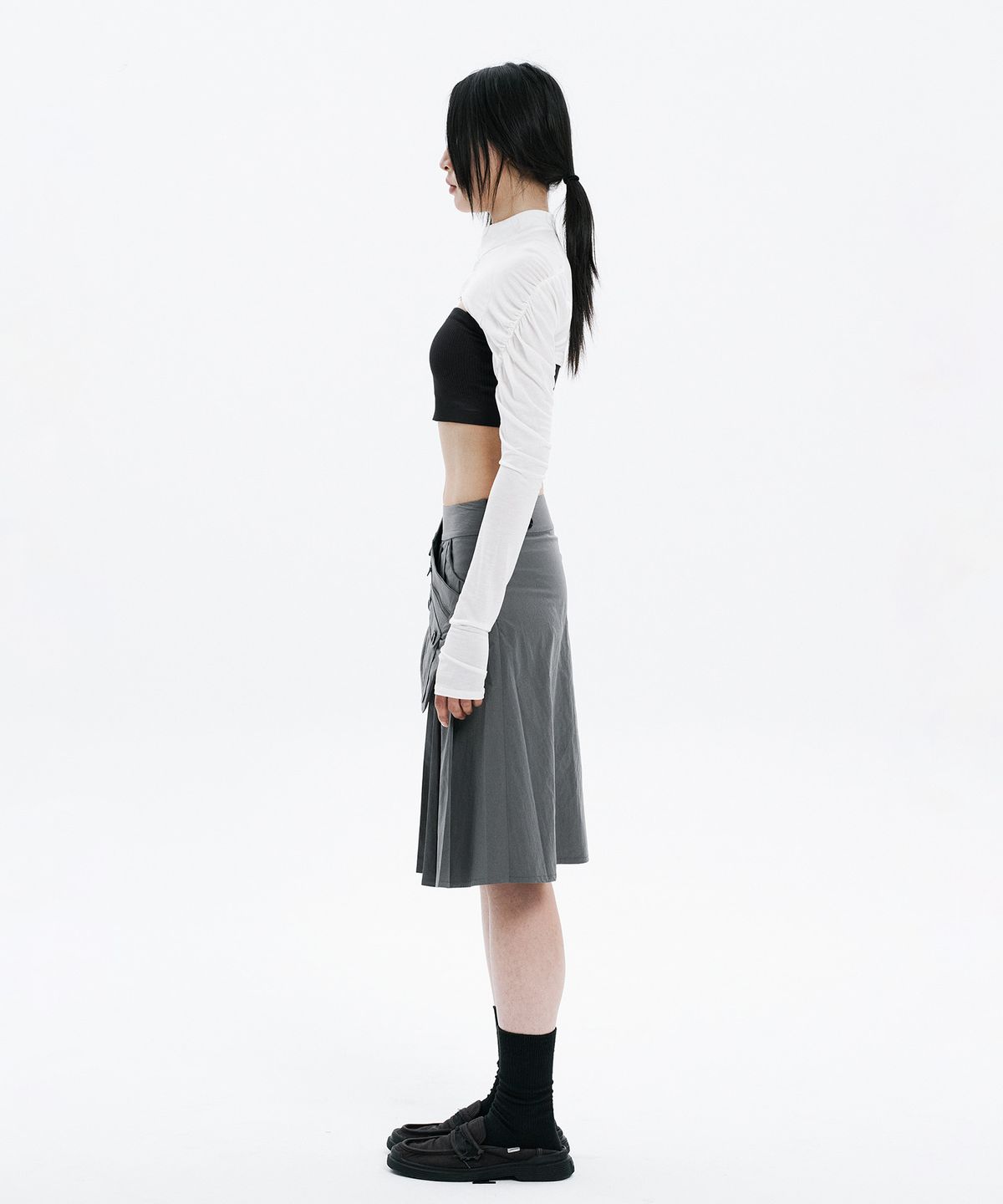 하나히(HANAHI) Pocket belt half pleated skirt GREY